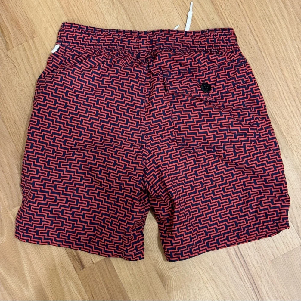 J. Crew Men's Swim Trunk Red Geometric Print Mesh Lined  Size XS